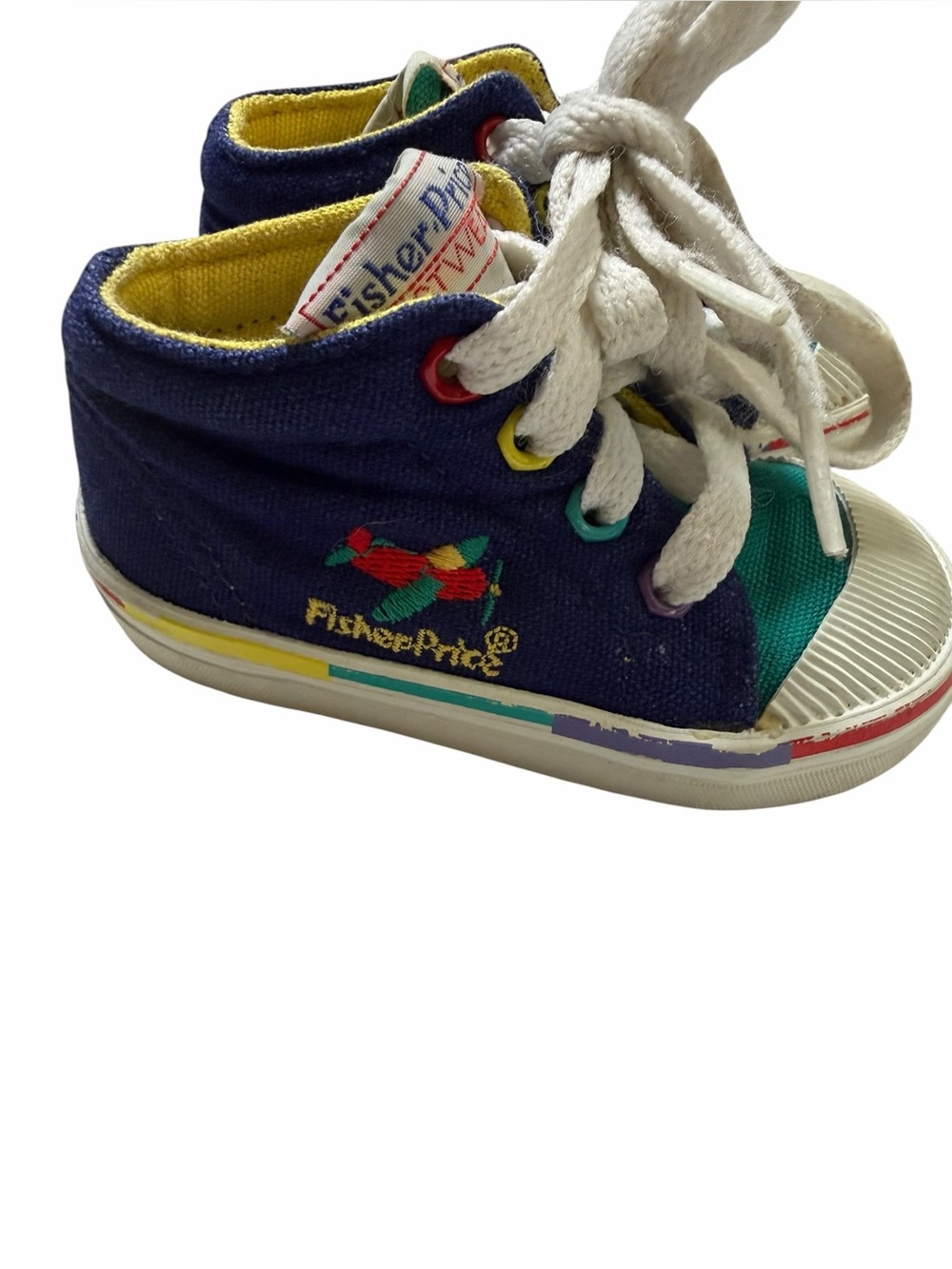 Vtg Fisher-Price Navy, Teal & Yellow Baby High-Top Sneakers 3